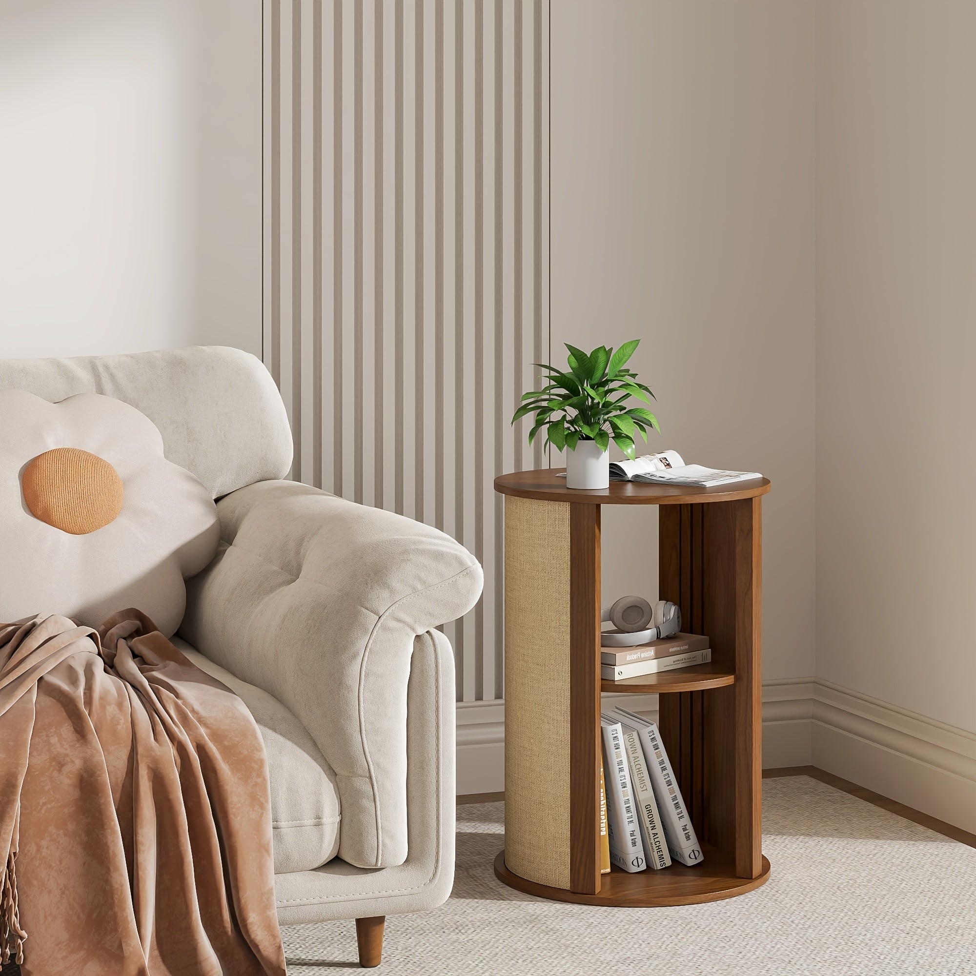 Round Side Table for Sofa, Couch Bedside End Table with Storage, Round Nightstand, Wooden Mid Century Modern Night Stand, 2-Tier, Adjustable Shelf, for Living Room, 16 Inches