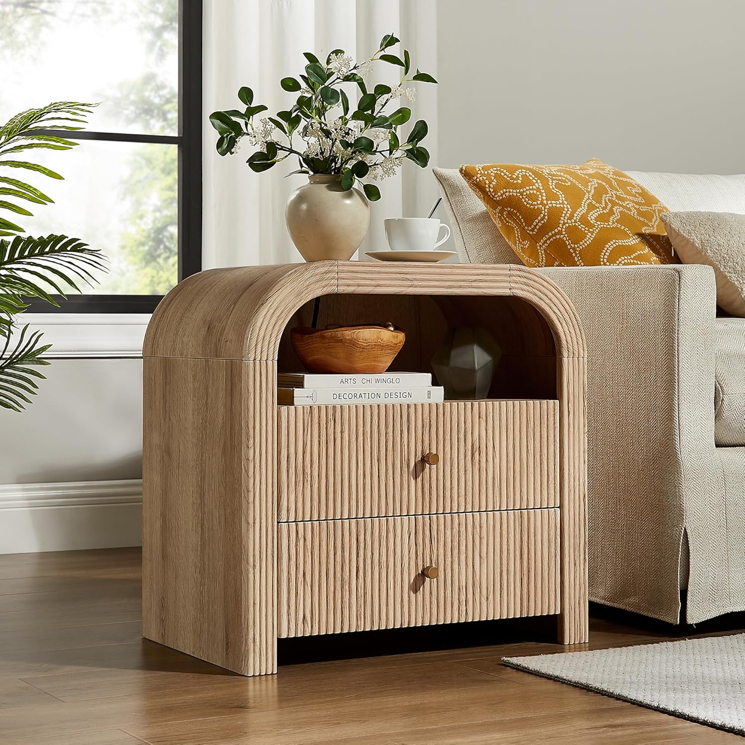 Vertical Striped Double Drawer Nightstand (With Charging Function), 24-Inch Modern Rounded Corner Design, Suitable for Bedroom And Living Room Storage Side Table