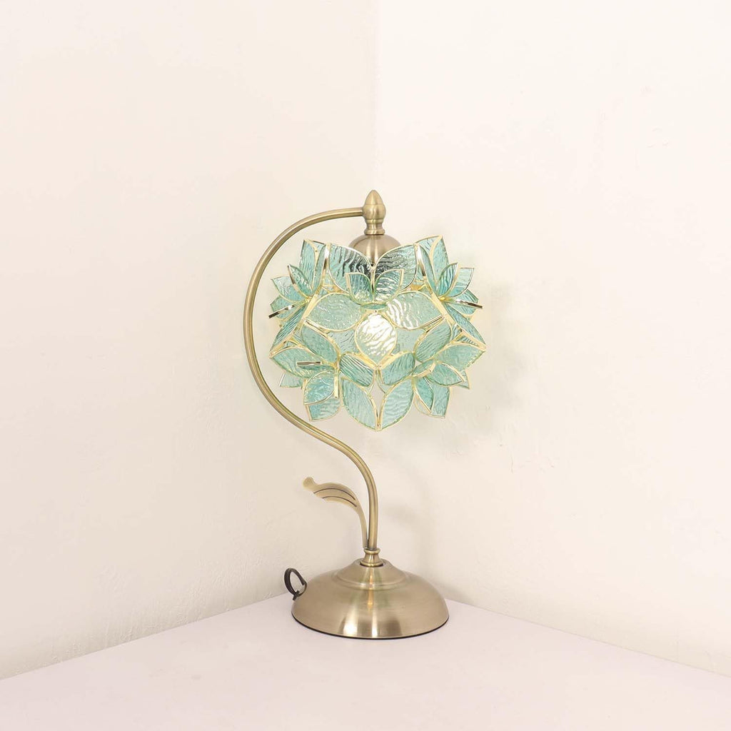 Tiffany Style Stained Glass Flower Petal Table Lamp with Brass Base for Home Decor (Light Blue, 8 in Rose Lily)