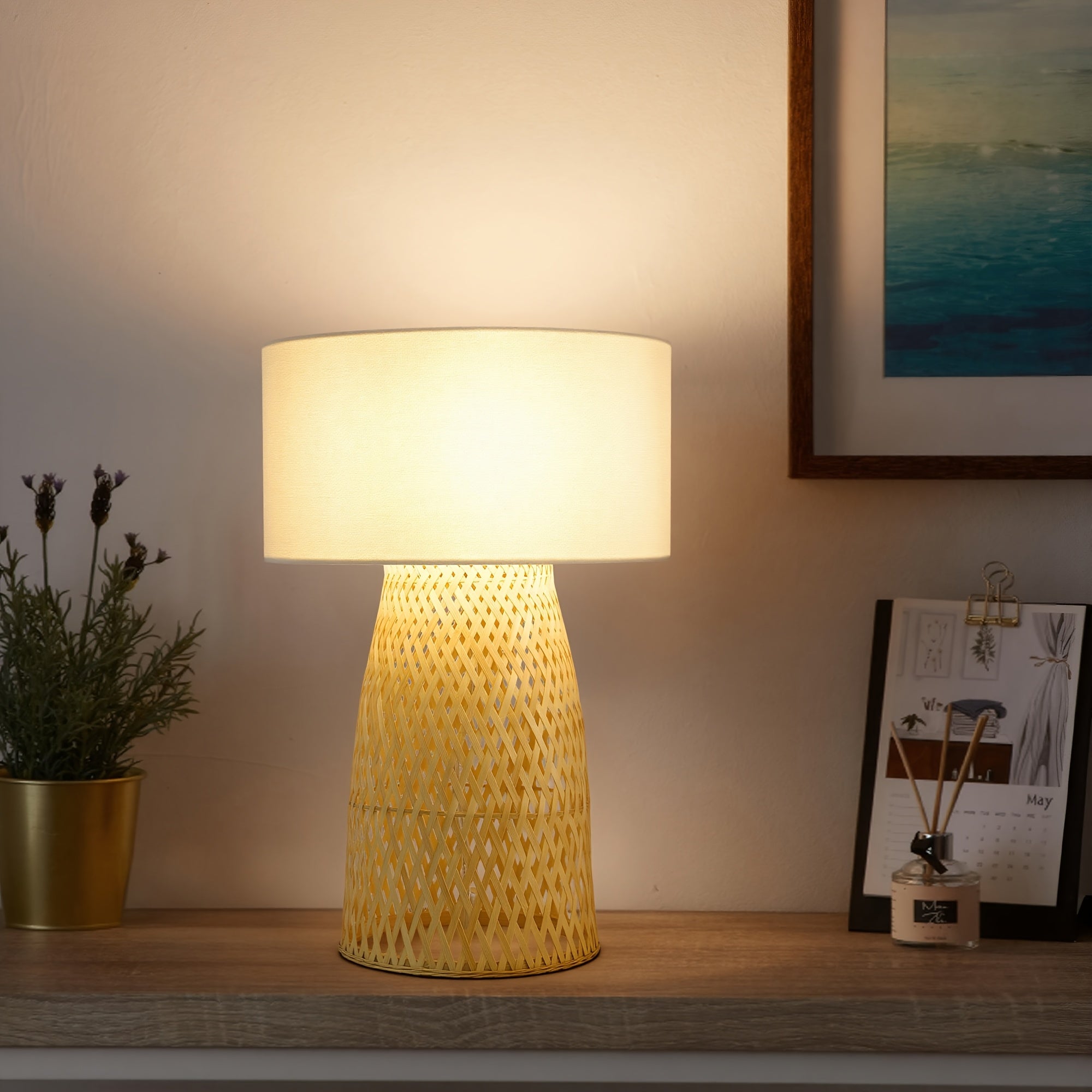 Set Of 1 Handwoven Bamboo Table Lamp with Linen Shade for Bedroom