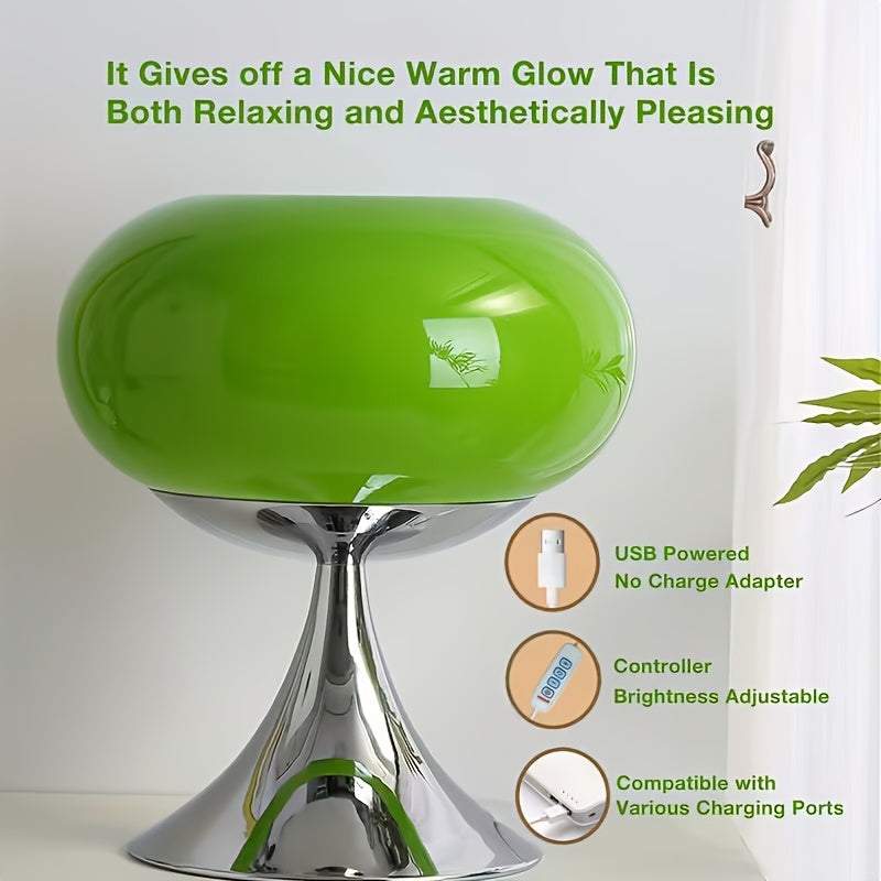 USB-Powered Art Deco Glass Table Lamp with A Metal Base And Glass Shade, Suitable for Different Room Styles, Perfect As Christmas And New Year Gifts, Featuring A Mushroom Design.