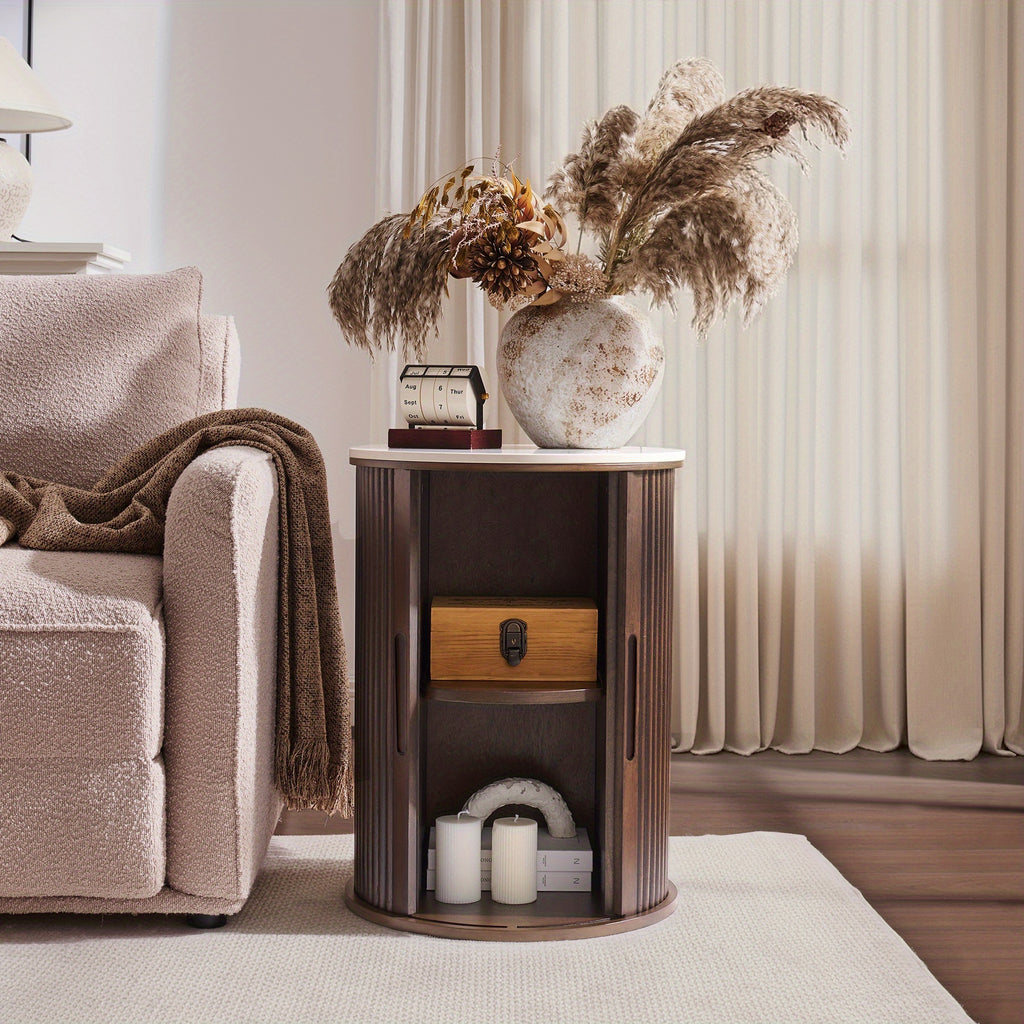 Morden Fort Mid-Century Modern Round Fluted Accent Table with White Faux Marble Top & Walnut - Smooth-Glide Hidden Storage Door, Engineered Wood Nightstand\u002FEnd Table for Bedroom, Living Room, Compact Spaces (Easy Assembly)