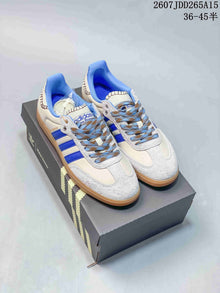 adidas Samba Leather Low-Top Sneakers in White/Blue and Pink
