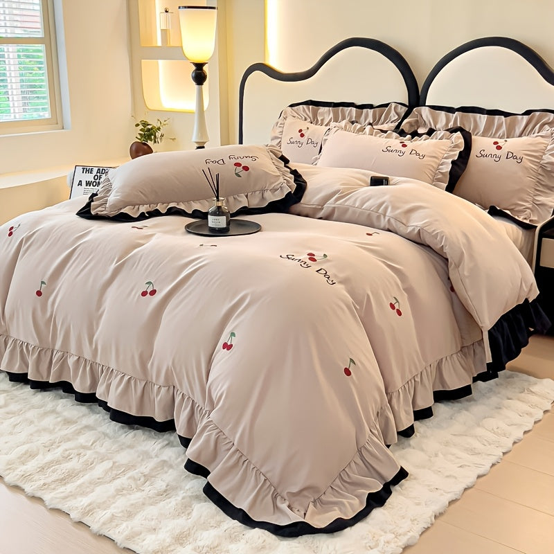 High-End Embroidered Washed Cotton Four-Piece Bedding, Skin-Friendly, Soft, And Suitable for All Seasons: Includes 1 Duvet Cover, 1 Bed Sheet, And 2 Pillowcases, Excluding Duvet Insert