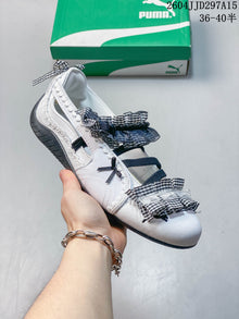 Puma White Gingham Ruffle Strap Flats