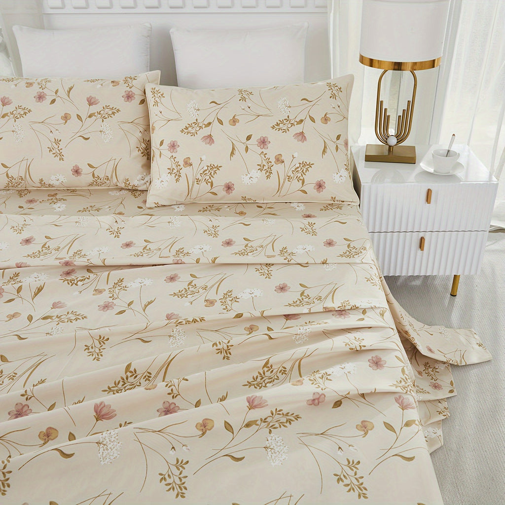 4pcs 600TC 100% Egyptian Cotton Fitted Sheet Set (1*Fitted Sheet+1*Flat Sheet+2*Pillowcase, Without Core), Luxury Elegant Floral Shabby Chic Bedding Set, For Bedroom Guest Room Student Dorm All Seasons