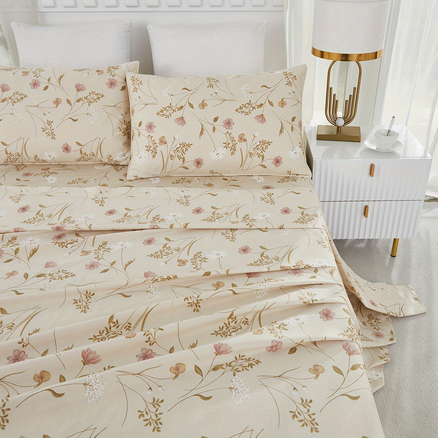 4pcs 600TC 100% Egyptian Cotton Fitted Sheet Set (1*Fitted Sheet+1*Flat Sheet+2*Pillowcase, Without Core), Luxury Elegant Floral Shabby Chic Bedding Set, For Bedroom Guest Room Student Dorm All Seasons