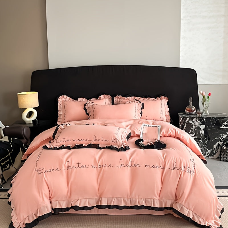 High-End Embroidered Washed Cotton Four-Piece Bedding, Skin-Friendly, Soft, And Suitable for All Seasons: Includes 1 Duvet Cover, 1 Bed Sheet, And 2 Pillowcases, Excluding Duvet Insert
