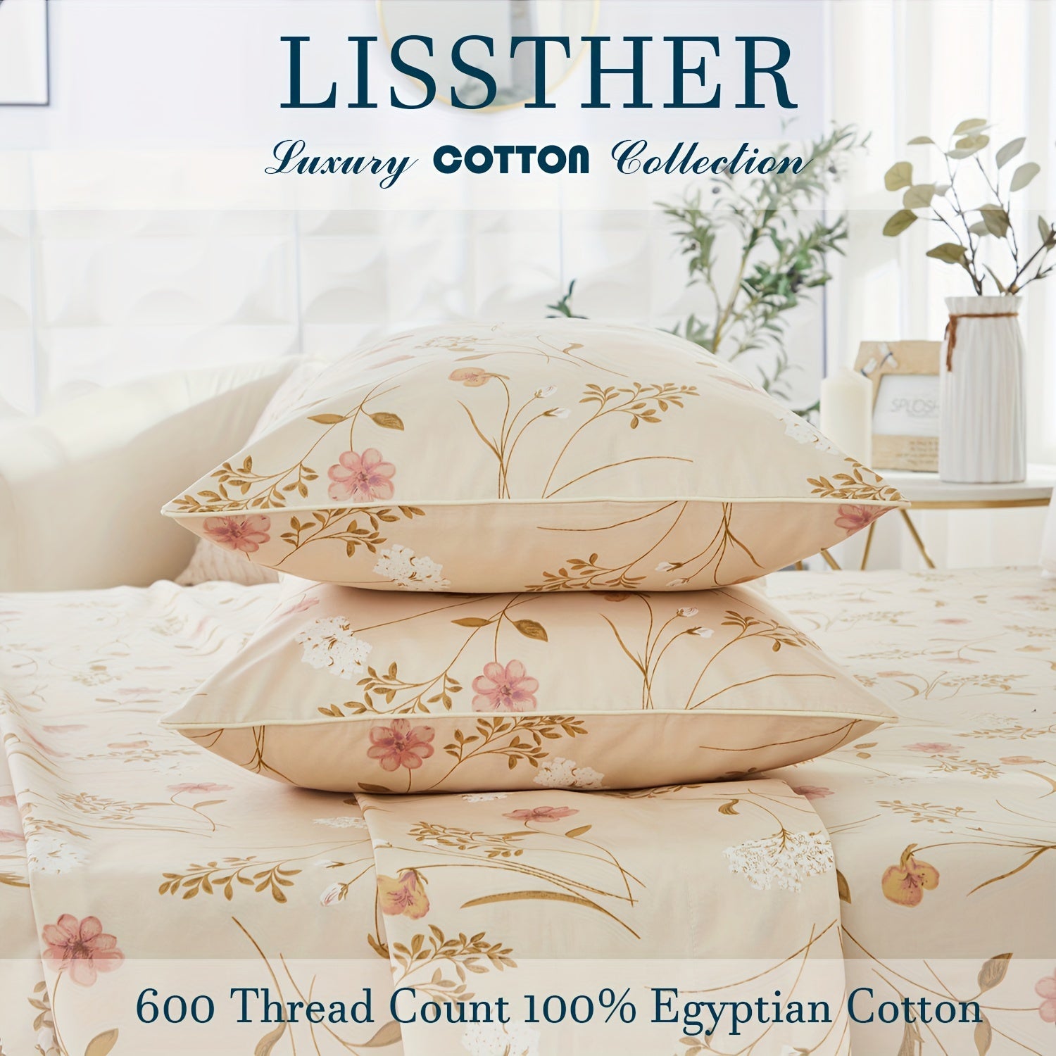 4pcs 600TC 100% Egyptian Cotton Fitted Sheet Set (1*Fitted Sheet+1*Flat Sheet+2*Pillowcase, Without Core), Luxury Elegant Floral Shabby Chic Bedding Set, For Bedroom Guest Room Student Dorm All Seasons