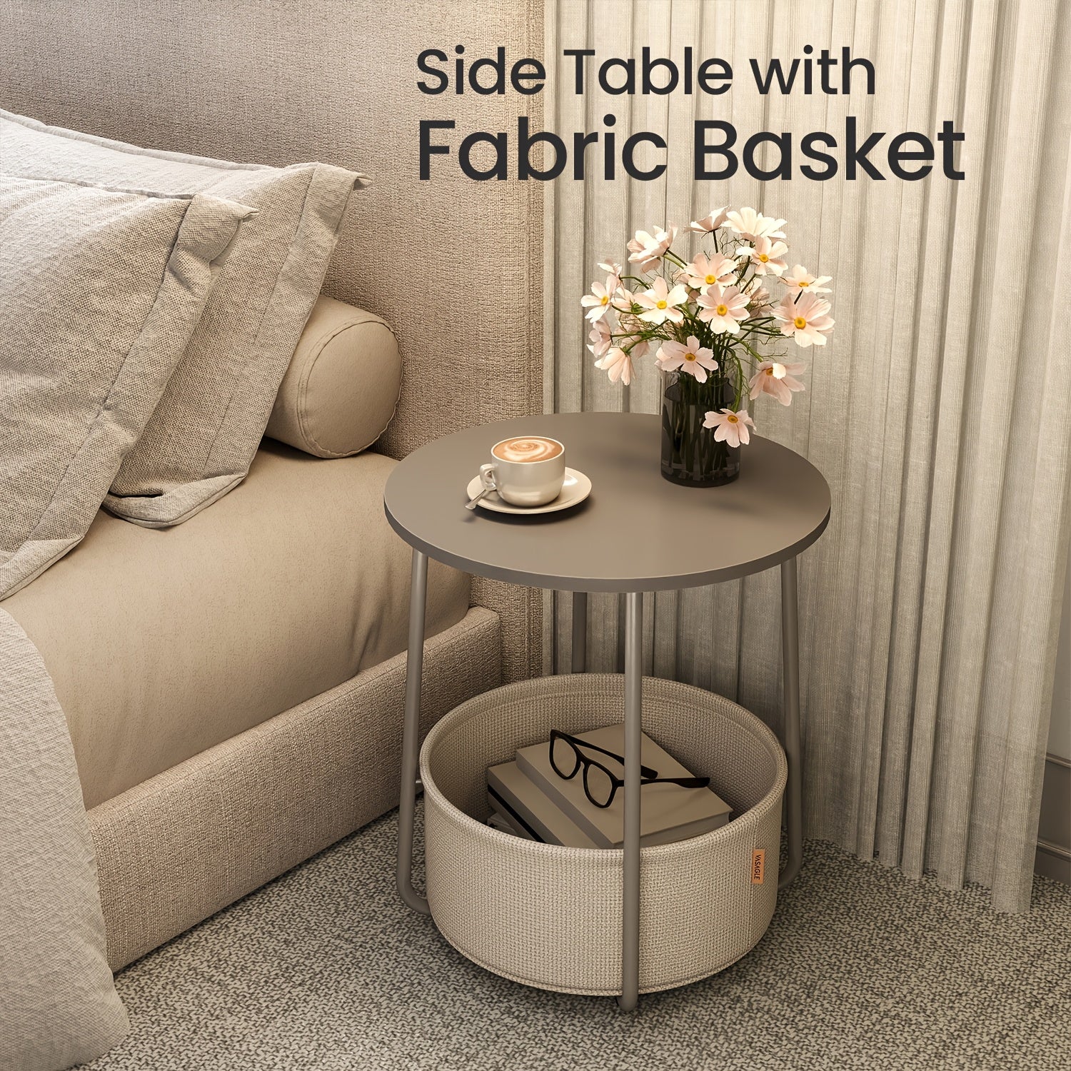 Collection - Small Round Side End Table, Modern Nightstand with Fabric Basket