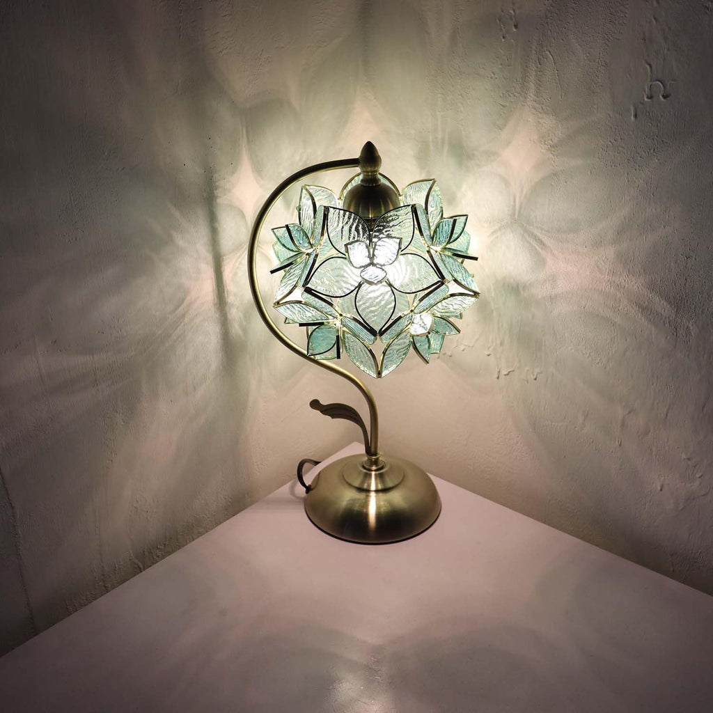 Tiffany Style Stained Glass Flower Petal Table Lamp with Brass Base for Home Decor (Light Blue, 8 in Rose Lily)