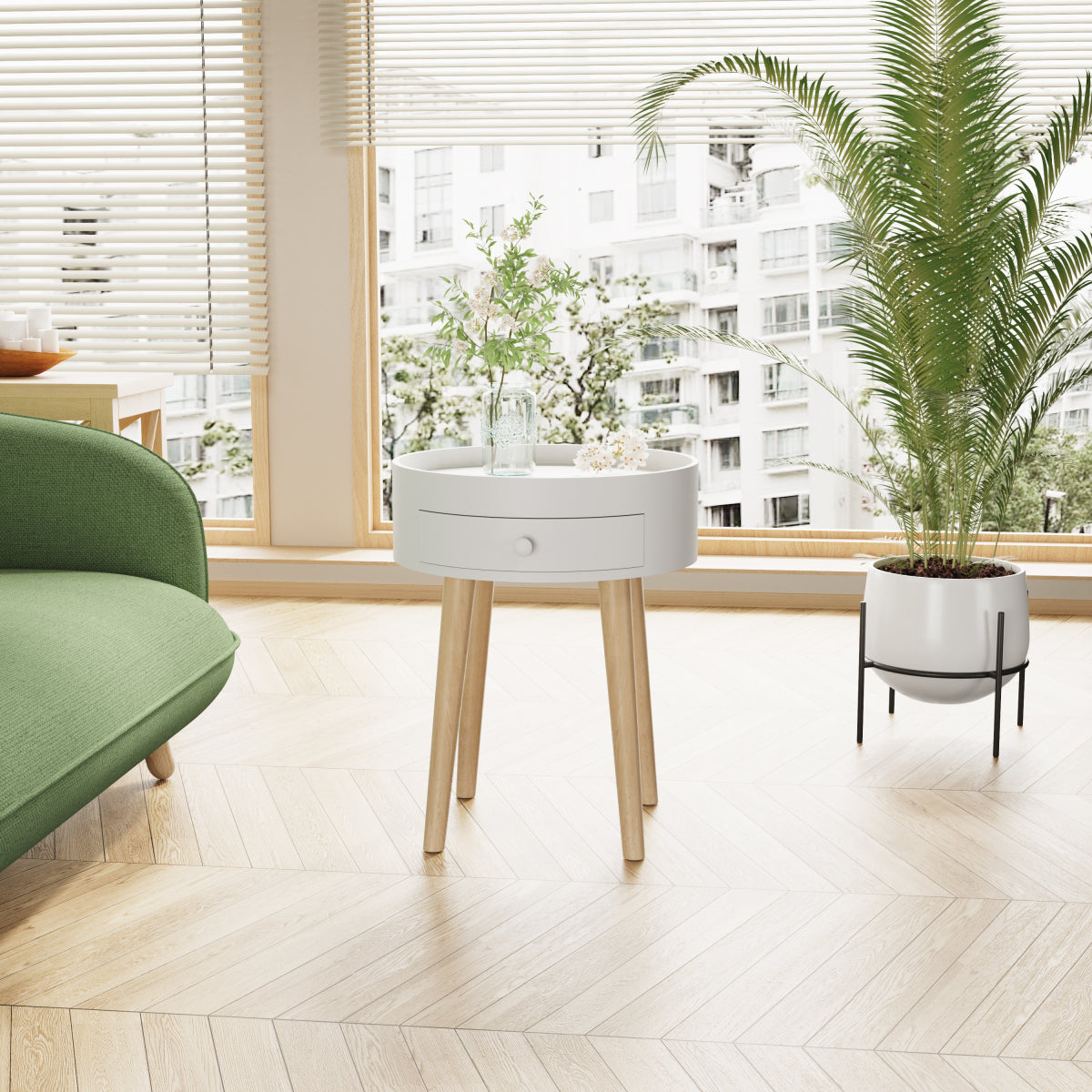 18-Inch Nightstand Featuring a Storage Drawer And Oak Legs, Suitable As a Bedside Table Or a Coffee Table for The Bedroom Or Living Room, in White Color