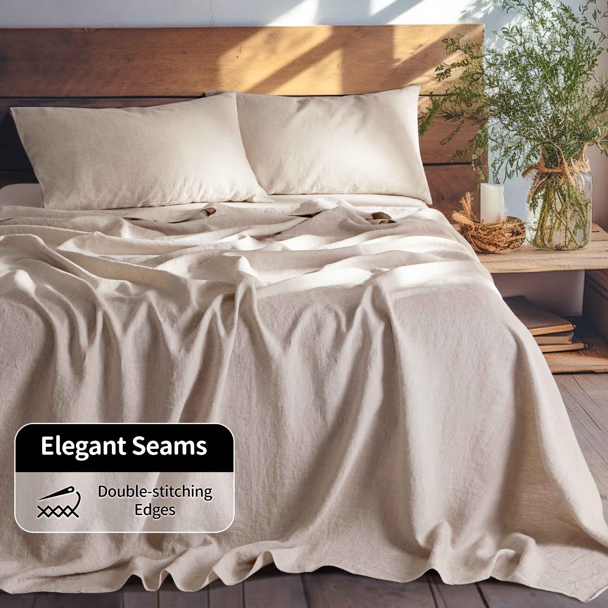 4pcs Premium Linen Sheets, Linen- Blend, Breathable And Durable Queen Size Bed Sheets, Tear-Resistant, Machine Washable, 16\