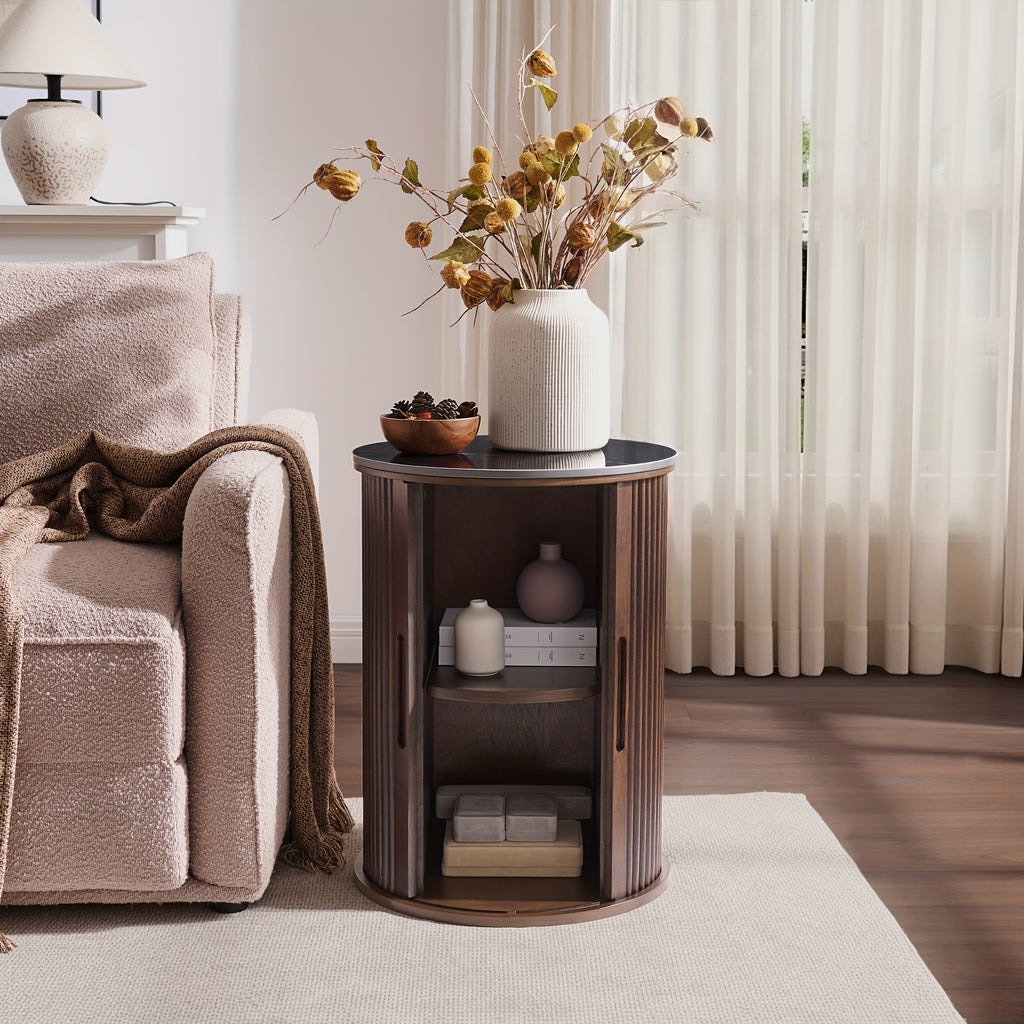 Morden Fort Mid-Century Modern Round Fluted Accent Table with White Faux Marble Top & Walnut - Smooth-Glide Hidden Storage Door, Engineered Wood Nightstand\u002FEnd Table for Bedroom, Living Room, Compact Spaces (Easy Assembly)