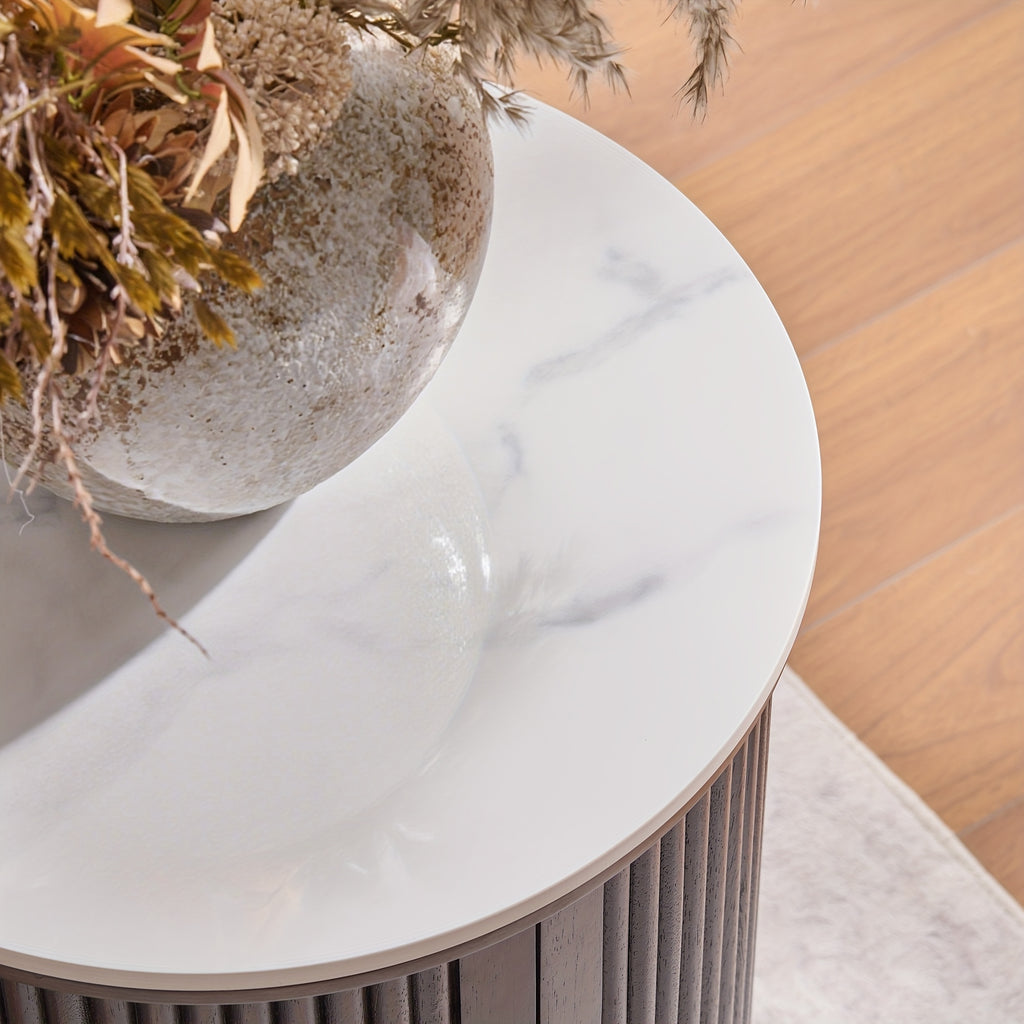 Morden Fort Mid-Century Modern Round Fluted Accent Table with White Faux Marble Top & Walnut - Smooth-Glide Hidden Storage Door, Engineered Wood Nightstand\u002FEnd Table for Bedroom, Living Room, Compact Spaces (Easy Assembly)
