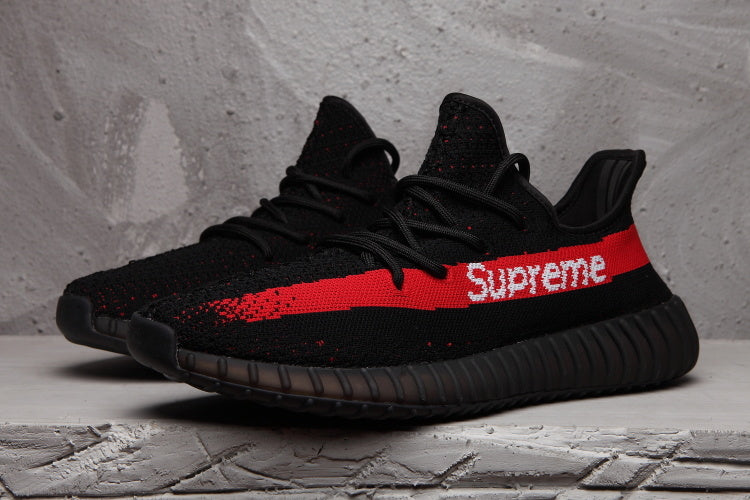 Yeezy 350 V2 Black Red Knit Sneakers with Supreme Detail