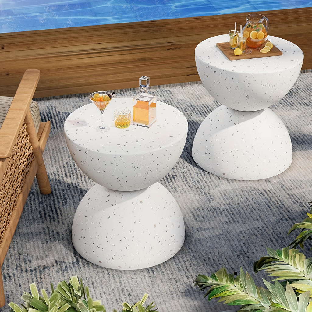 Outdoor\u002FIndoor Universal Side Table (Set of Two), Semi-Circular Magnesia Side Table, Mid-Century Modern Dual Half- Design, Artistic Style Movable Table, Living Room Side Table, Garden Plant Stand, Bedroom Nightstand, Balcony Small Tea Table