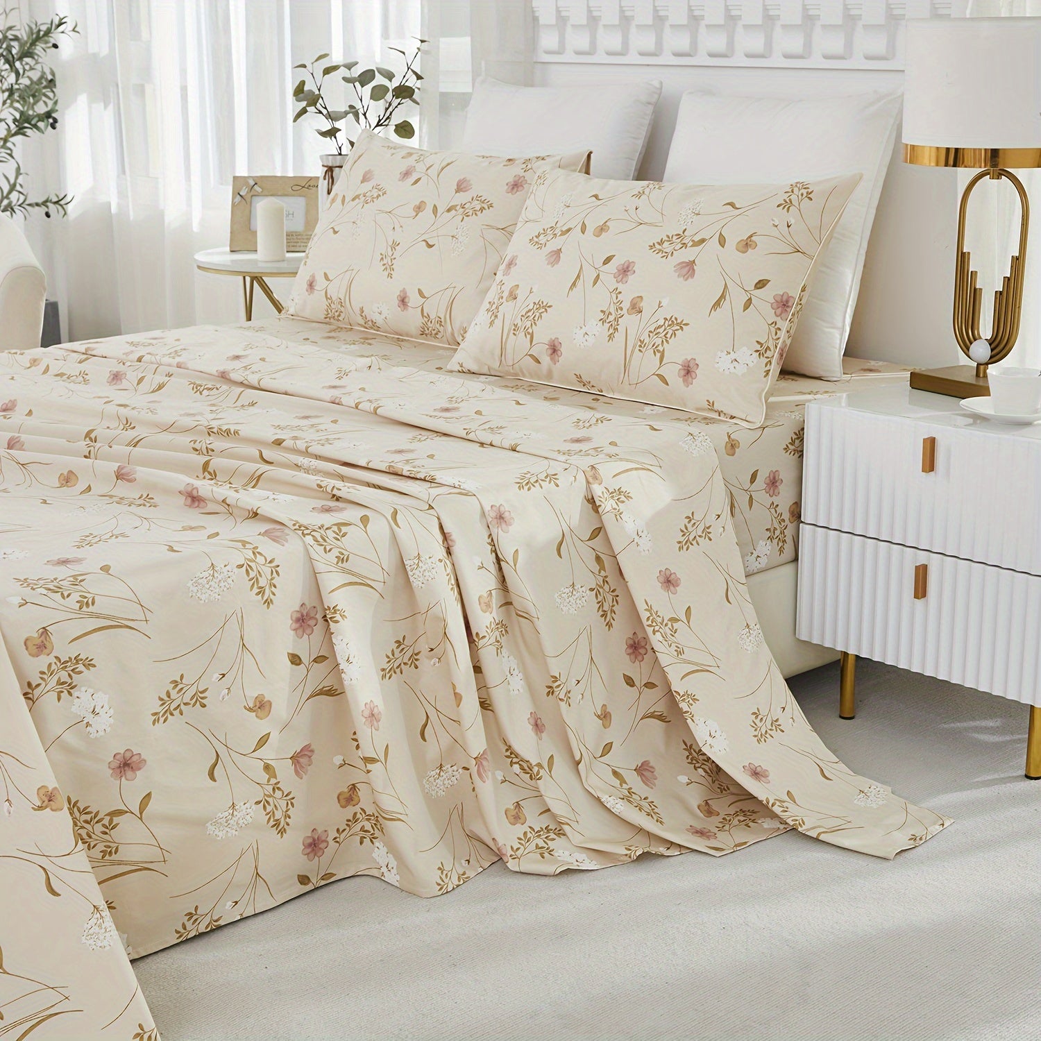 4pcs 600TC 100% Egyptian Cotton Fitted Sheet Set (1*Fitted Sheet+1*Flat Sheet+2*Pillowcase, Without Core), Luxury Elegant Floral Shabby Chic Bedding Set, For Bedroom Guest Room Student Dorm All Seasons