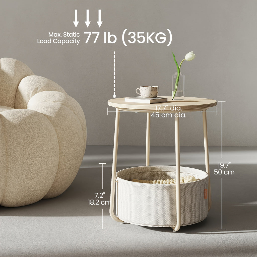 Collection - Small Round Side End Table, Modern Nightstand with Fabric Basket
