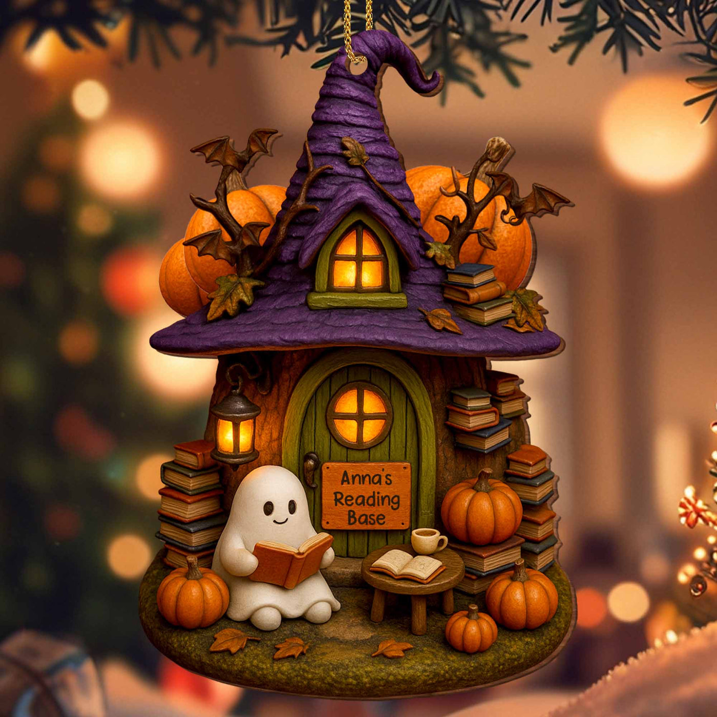 Cozy Witch Hat And Ghost Reading - Personalized Custom Wood Ornament, Custom Shaped - BLV011_WDO