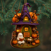 Cozy Witch Hat And Ghost Reading - Personalized Custom Wood Ornament, Custom Shaped - BLV011_WDO