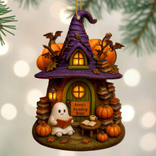 Cozy Witch Hat And Ghost Reading - Personalized Custom Wood Ornament, Custom Shaped - BLV011_WDO