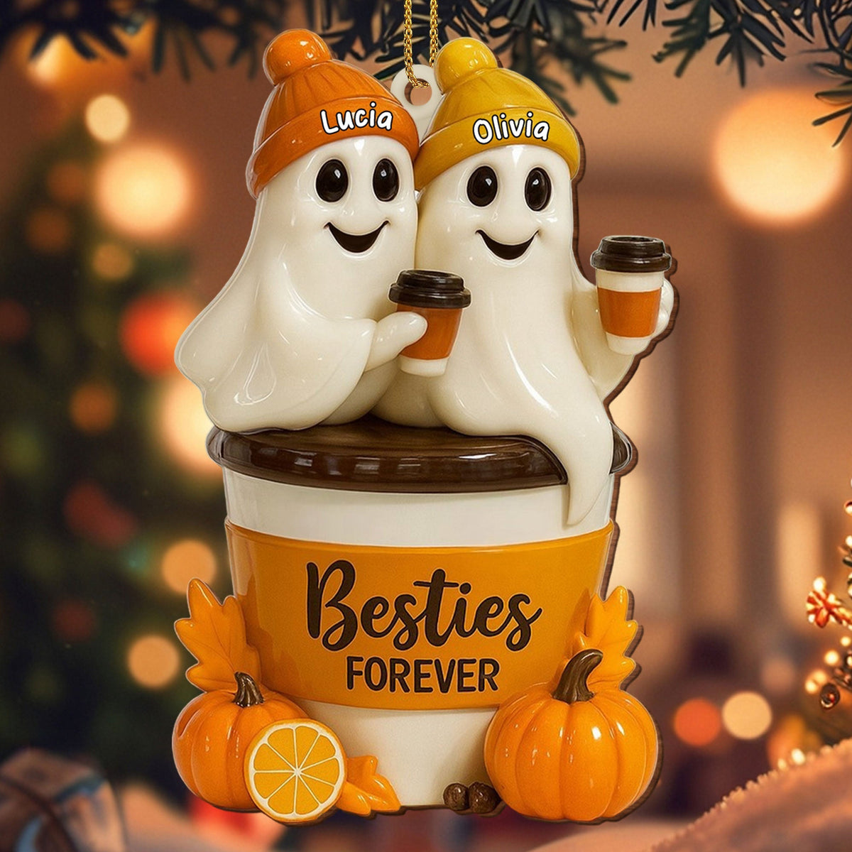 Besties Forever With Ghosts And Pumpkin - Personalized Custom Wood Ornament, Custom Shaped - BST200_WDO