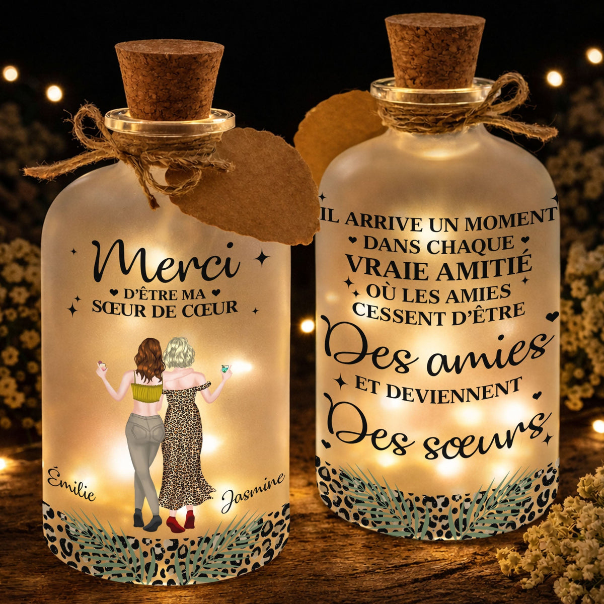 Merci D'être Ma Sœur De Cœur Best Friends Leopard Art - Personalized Short Bottle Light - BST580_SBOLI