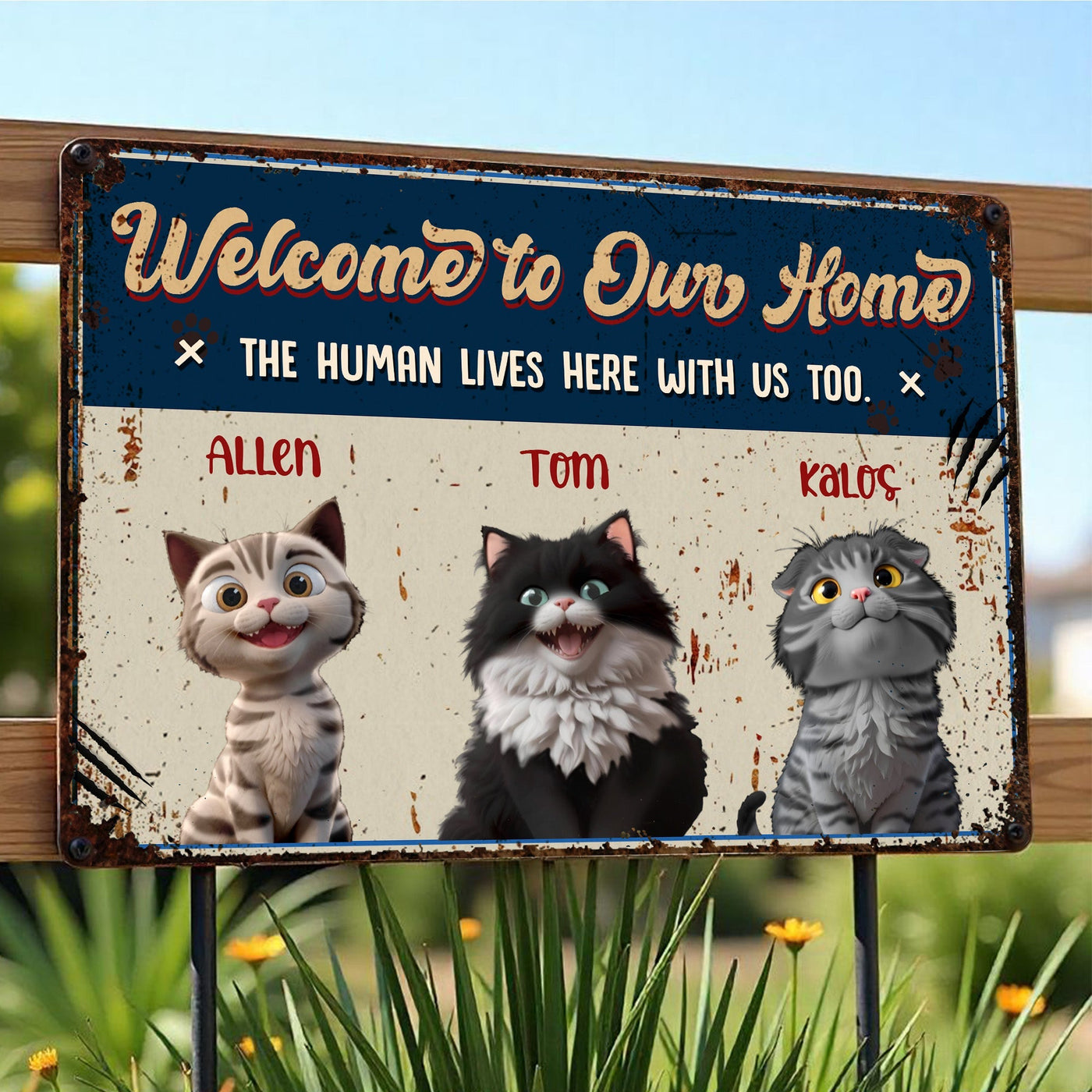 Welcome To Our Home, The Human Lives Here With Us Too, Cats - Personalized Metal Sign - CAT003_MSIGN