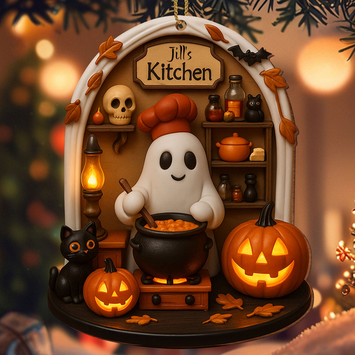 Jill's Kitchen, Ghost Cooking In A Cauldron - Personalized Custom Wood Ornament, Custom Shaped - COOK009_WDO
