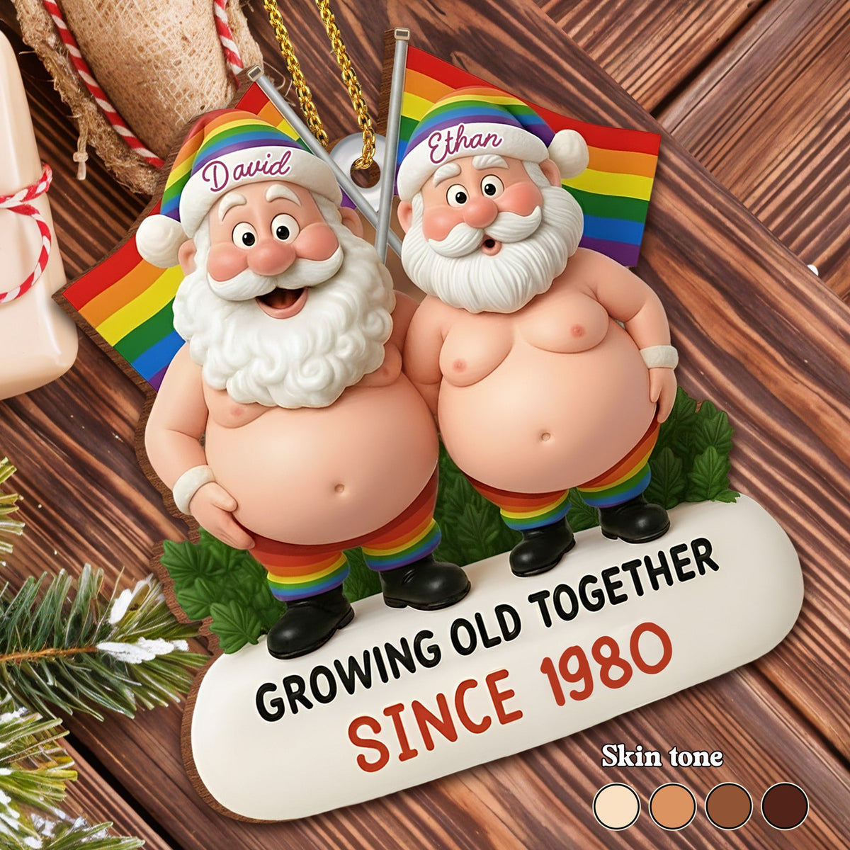 Growing Old Together, Santa Hats And Rainbow Flag - Personalized Custom Wood Ornament, Custom Shaped - CPL1064_WDO