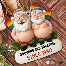 Growing Old Together, Santa Hats And Rainbow Flag - Personalized Custom Wood Ornament, Custom Shaped - CPL1064_WDO