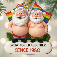 Growing Old Together, Santa Hats And Rainbow Flag - Personalized Custom Wood Ornament, Custom Shaped - CPL1064_WDO