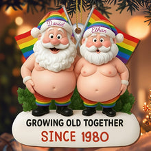 Growing Old Together, Santa Hats And Rainbow Flag - Personalized Custom Wood Ornament, Custom Shaped - CPL1064_WDO