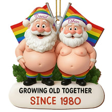 Growing Old Together, Santa Hats And Rainbow Flag - Personalized Custom Wood Ornament, Custom Shaped - CPL1064_WDO