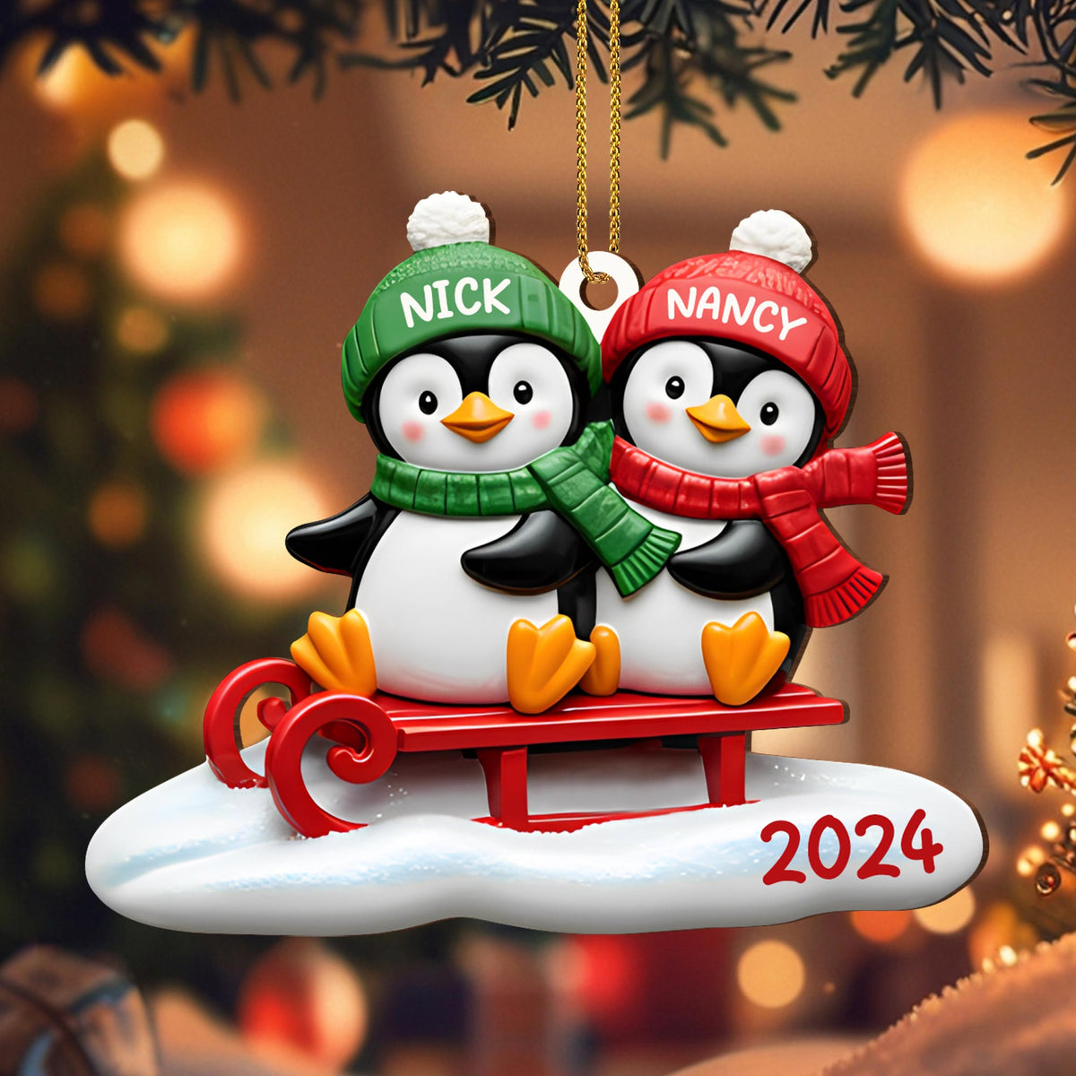 Joy To The World Penguins On A Sled - Personalized Custom Wood Ornament, Custom Shaped - CPL118_WDO