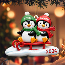 Joy To The World Penguins On A Sled - Personalized Custom Wood Ornament, Custom Shaped - CPL118_WDO