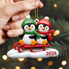 Joy To The World Penguins On A Sled - Personalized Custom Wood Ornament, Custom Shaped - CPL118_WDO