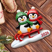 Joy To The World Penguins On A Sled - Personalized Custom Wood Ornament, Custom Shaped - CPL118_WDO