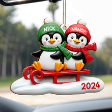 Joy To The World Penguins On A Sled - Personalized Custom Wood Ornament, Custom Shaped - CPL118_WDO