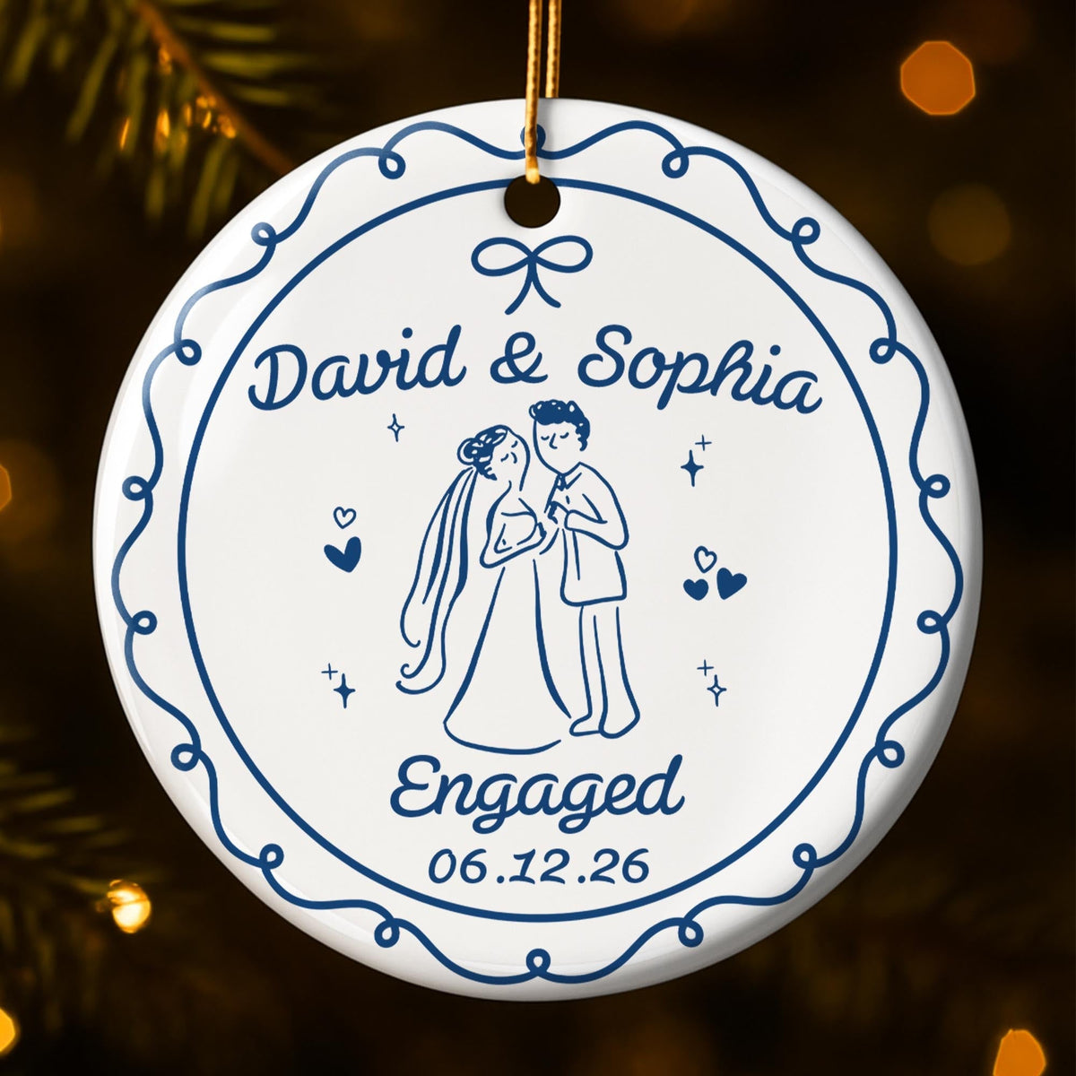 Engaged Couple With Bride And Groom Illustration - Personalized Custom Ceramic Ornament With Round Shape - CPL1753_RCE