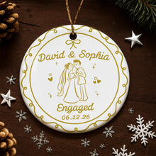 Engaged Couple With Bride And Groom Illustration - Personalized Custom Ceramic Ornament With Round Shape - CPL1753_RCE