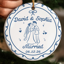 Engaged Couple With Bride And Groom Illustration - Personalized Custom Ceramic Ornament With Round Shape - CPL1753_RCE