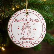 Engaged Couple With Bride And Groom Illustration - Personalized Custom Ceramic Ornament With Round Shape - CPL1753_RCE