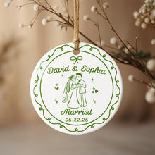 Engaged Couple With Bride And Groom Illustration - Personalized Custom Ceramic Ornament With Round Shape - CPL1753_RCE