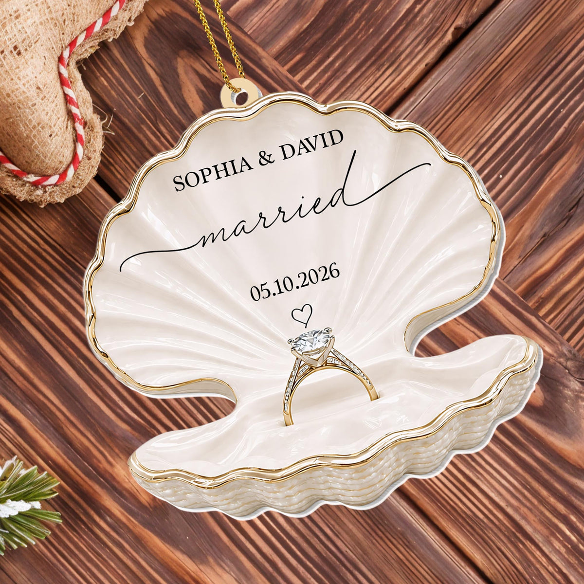 Married Seashell And Engagement Ring Heart Design - Personalized Custom Acrylic Ornament, Christmas Gift - CPL1788_ACO