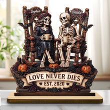 Love Never Dies With Skeletons Couple Pumpkins And Roses - Personalized Custom 2-Layer Wood Plaque With Flat Base - CPL1878_WPLA