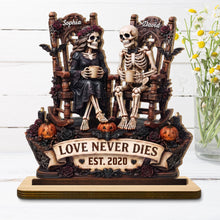 Love Never Dies With Skeletons Couple Pumpkins And Roses - Personalized Custom 2-Layer Wood Plaque With Flat Base - CPL1878_WPLA