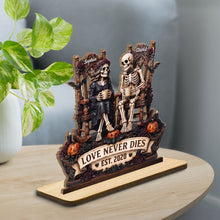 Love Never Dies With Skeletons Couple Pumpkins And Roses - Personalized Custom 2-Layer Wood Plaque With Flat Base - CPL1878_WPLA