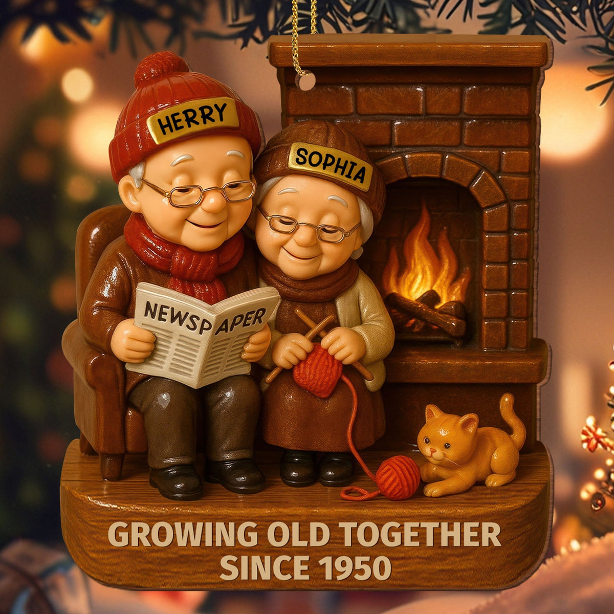 Growing Old Together With Elderly Couple And Cat - Personalized Custom Wood Ornament, Custom Shaped - CPL565_WDO